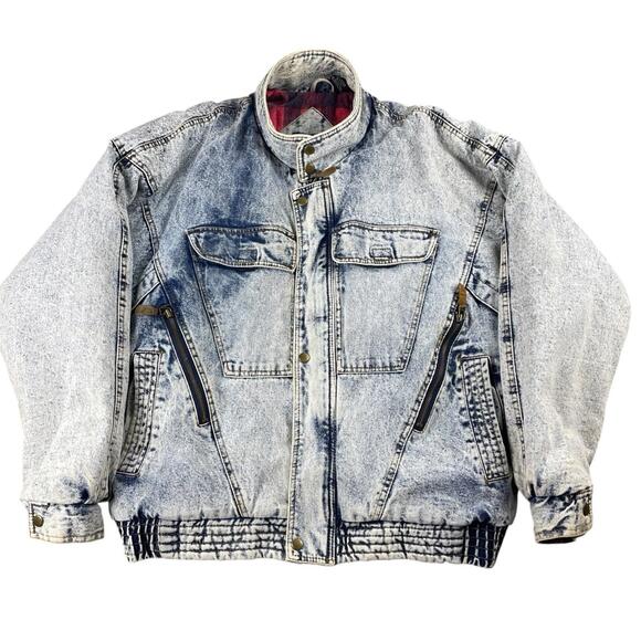 Vtg. 90's In Crowd Heavy Blanket Lined Acid Wash Denim Bomber Jacket Men's Large